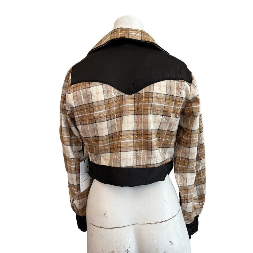 Ladies Small 4 Beige Plaid Cropped Wrap Jacket Metallic Black Satin Yoke NWT - Picture 4 of 7